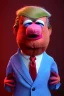 Placeholder: Waist up muppet Portrait, Donald trump as muppet doll, Blue suit retro style, photo studio, blue background, unreal engine 5, concept art, art station, god lights, ray tracing, RTX, lumen lighting, ultra detail, volumetric lighting, 3d.