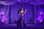 Placeholder: modern stage with gray-dark purple blueish violet theme artistic decoration , color full dynamic lighting, a beautiful lady in maxi dress with shining silver jewels ,curvy long hair,dancing, 3D recursive fractal structure animating background