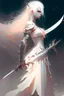 Placeholder: Warrior, wielding a long sword, in a white dress, white hair, shortt hair, cybernetic eyes, standing in mists, Female, dark art, Ivory Peach skin, cute