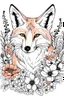 Placeholder: portrait of fox and background fill with flowers on white paper with black outline only