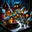 Placeholder: A fairytale village made of cake-frosting and felt, people walking inside it, high contrasts, frame, extreme detailed, movie shot, volumetric light, rich moody colors, noon-light, nightmare, bokeh, also something else, orero dream, Max Ernst style