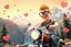 Placeholder: 3D video game characters, a short blonde haired man wearing eyeglasses, t-shirts and jeans riding a motorcycle in alps, snow copped mountains, hearts, waterfall, happiness