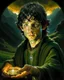 Placeholder: A dramatic, cinematic illustration of Frodo Baggins from "The Lord of the Rings," holding the glowing One Ring in front of him with a solemn expression. He wears a dark cloak, standing against a shadowy backdrop. Emerging from his chest is a surreal, split landscape: on one side, the peaceful Shire with lush green hills, hobbit holes, and a large tree; on the other, a fiery wasteland with Mount Doom erupting, lava flowing, and a dark army marching toward the volcano. Using rich textures and moo