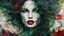 Placeholder: old worn torn, multi-layered cracked canvas, fine detailing with alcohol ink, Captivating realistic painting of a WOMAN, fair face, red lips, splashes of color, HORNS, FANGS, BLOODY TEARS, Multiple exposure, fluffiness, her face is illuminated, her hair merges with swirling fractal vines and tree roots, dark green foliage, symbolizing the unity of strength and wild nature. Flowing hair dissolves into intricate, endless patterns, as if they are protectors and part of the same organic force. Moon