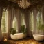 Placeholder: a gorgeous, stunning spa with gauzy curtains, large, ornate bath, dark wood floor, decorative foliage, plants, candles, flowers, tranquil, 8k resolution, high-quality, fine-detail, digital art, detailed matte, volumetric lighting, illustration, 3D octane render, brian froud, howard lyon, selina french, annie stokes, lisa parker, greg rutowski,