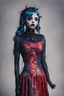 Placeholder: full body color, illustration of a darkblue and red tones, menacing, Singer Melanie Martinez face, as a decayed, broken, skin turned translucent, black veins that extended like roots beneath her skin, latex suit, crude homemade cloth doll toy, with a narrow cracked porcelain face, thick dark eyebrows, hair in two gradually, made from ragged strips of cloth, in the style of Alex Pardee, Tim Burton, and Nadya Sheremet