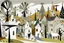 Placeholder: A white village with windmills near a forest designed in African masks painted by Clyfford Still