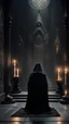 Placeholder: At the entrance to the gloomy sanctuary, in the distance an eerie figure in a black robe sits on a throne, near the figure there is an altar with tarot cards, the atmosphere is eerie, weak light from candles