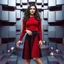 Placeholder: make a picture pretty stage made of metallic blue-gray teme 3d recursive cubic and sphere and cylinder base structures and a beautiful fashion model lady posing with cute in black and white and the scene is in color,with dark red top and pretty pleated midi skirt ,makeup curvy long hair,dynamic camera zoom to full body and pan, dynamic lights.