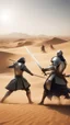 Placeholder: A picture of a Muslim knight killing another knight with a sword, in the desert, and behind them the knights are fighting