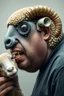 Placeholder: side profile, with heading (autofarm) in poster form,a portrait of a fat head mechanic sheepman, man is eating a hybrid mixed body part sheep, giant eyes sheep alien style H.R giger look. as one headed mouth open, rough teeth, turn head, yummy yummy