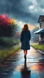 Placeholder: girl from behind walking in far view, surrounded by rain in the yard and strong wind and cloudy sky, sound of rain, calm, poetic, vibrant colors, digital painting, meticulous detail