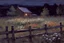 Placeholder: Night, flowers, garden, fence, distant cabin, theodore robinson impressionism painting