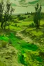 Placeholder: An olive green wasteland near an abandoned plague town painted by Vincent van Gogh