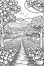 Placeholder: coloring page, apple orchard, cartoon style, thick lines, low detail, no shading