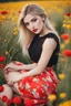 Placeholder: Beautiful russian girl, blonde hair, bold lipstick, wild color full flower field, braided bangs, braided bobcut, solo, apron,thick thighs, side-tie panties, black hair, 18yo,(on back:1.2) ,red dress, portrait