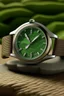 Placeholder: Generate a realistic image of an aventurine dial watch in an outdoor adventure setting. Showcase the watch being worn during activities such as hiking, camping, or exploring nature. Emphasize realistic lighting and reflections to convey the watch's durability and stability in adventurous situations.