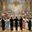 Placeholder: from perspective behind the stage the Four Tenors bowing in front of adoring opera crowd at the Met opera house, high society black tie affair, opera motifs and aesthetic, beautiful elegant impressionist painting by Renoir, loose brush strokes, colorful, dramatic, bouquets of flowers being thrown