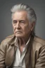 Placeholder: Full Color image, 8k, Ultra-HD, hyper realistic, Photorealistic, focused, fine detail, professional photo, beautiful -- head to shoulder pose, 80-year-old Harold Kendall sitting facing almost forward, long, wirey, messy, spikey, gray hair, mustache, medium build, Resembles Elvis Presley, tan leather jacket with wide collar, light blue button up shirt, Blue Jeans,