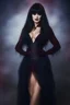 Placeholder: full body portrait - Elvira, Mistress of the dark, black dress - 32k, UHD, 1080p, 8 x 10, glossy professional quality digital photograph - dark blue and dark red, and light maroon and purple and foggy black gradated background, historic, powerful, octane rendering, exquisite detail, 30 - megapixel, 4k, 85 - mm - lens, sharp - focus, intricately - detailed, long exposure time, f8, ISO 100, shutter - speed 1125, diffuse - back - lighting, ((skin details, high detailed skin texture)),