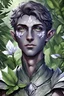 Placeholder: male, teen, dnd changeling, grey skin, white iris, nature, leaves, realistic