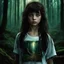 Placeholder: 12 year old girl with dark tangled hair and blue eyes wearing a ripped and dirty white teeshirt, in a forest , photorealistic, dark fantasy