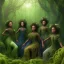 Placeholder: 4k Painting. Detailed. Fine details. the faces of 5 young black women. Young women sitting wood nymphs emerging from the forest. THeir hair looks like vines. Dreadlocs. Their skin is the colour of dark soil. their skin looks like tree bark. Their clothing is made of vines, grass and leaves.