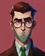 Placeholder: Fit man in round glasses, wavy hair, stubble,no beard, slim, tie, monotone, green eyes, comic book style, two tone colours, detailed, ink, realistic, handsome, square jaw, big brows, no jacket, bird on the shoulder, spotlight