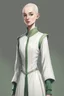 Placeholder: full length colour drawing, portrait, 22-year old friendly slender female human cleric, shaved head, light eyebrows, grey eyes, wearing white (10%) and dark green (80%)