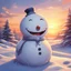 Placeholder: a villanous grin angey snowman, serene and peaceful sunset background, soft sunlight, 2d anime art,