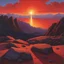 Placeholder: A red sky, with rocks scattered on the ground and a blue star in the upper right corner of the picture. The sun is setting behind it. by Michael Whelan --ar 64:43 --v 6. 0