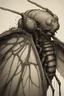 Placeholder: a haunting image of a humanlike insect facing away from us, in despair and pain, with wings that are broken torn and crumbling