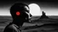 Placeholder: black and white portrait, a human face in profile, gaze into nothingness, three red engraved stripes on the face, alone, pain, background behind it a surreal, barren landscape, ruins, and a black sun. dark, thriller, gloomy vibe, utopian, dramatic