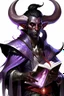 Placeholder: En Young male black skin black hair tiefling Wizard with large horns glowing Purple symbols Everywhere on his body. a book with Arcane Magic floating in front of him. He's wearing silver and White Rope and a silver cloak. His horn a perfectly place on acet from the front to the back pointing upwards with glowing Red cat Eyes. His close is elegant get simple. Casting and ice spell