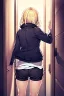 Placeholder: blonde girl with short jacket and shorts runs in a corridor in front at a mystery door, back view, line arts, manga style