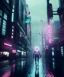 Placeholder: circular white moon, 3D, beautiful, light reflecting, empty city, midnight, rainy night, neon, cyberpunk, person walking with helmet on