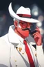 Placeholder: An old male crimson red demon wearing a white and gold police comisioner outfit, he is also wearing glasses, he has a white scruffy mustache, and a small black fedora.