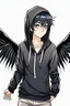 Placeholder: Anime man with black wings realistic happy wearing a hoodie