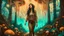 Placeholder: woman with black hair in a ponytail, in light brown leather trousers and jacket, walking through a forest of floating alien mushrooms with jellyfish tentacles, rampant foliage, and vines, next to a lake, photorealistic, Deep Colour, Intricate Detail