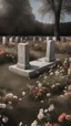 Placeholder: A grave in a field full of flowers. Above the grave is a white lace scarf and a gun.