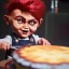 Placeholder: create me an ultra realistic chucky doll celebrating his 35th birthday by stabbing the cake with his knife