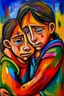 Placeholder: a girl hug her brother and both crying sadly, expressionism, Pixar style, in abstract art Basquiat, Picasso, Miro, Kandinsky, Klee, Birell, Fairey, Ardon, Buffet aand Picasso style, HD --s 750 --v 5.1 --style raw, water color