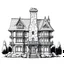 Placeholder: A detailed ink illustration of a front elevation of a fantasy house, with a tall chimney, rooms and floors added to the sides and roofs.