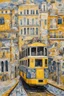 Placeholder: portuguese azulejo tile pattern mosaic, mixed pattern, mixed media, lisbon city view, famous yellow tram