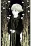 Placeholder: 7 year old boy, friendly, looks dead, with weird mushrooms growing out of him, wearing black robes, in the style of Harry Clarke