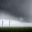 Placeholder: Thousands vertical wind turbines. Heavy cold rain. Thunderstorm. An engineer looking up. Futuristic scenary. Gray mist.