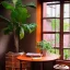 Placeholder:  mahogany table lush house plants in pot looking out of a window to a crowded city with many textbooks on the table