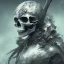 Placeholder: Skull headed warrior, battle scars, still standing, rage, armor, foggy, electric currents, sword, pride, honor, scary, detailed, 4K, HD, Center line