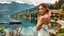 Placeholder: create a realistic photo of beautiful lady with make up in Austeria country side house standing hands relax pose next to pretty lake with ships,trees houses,wild flowers, pretty beach ,and distance mountains 16 by 9