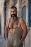 Placeholder: close up photography of an ugly 44 year old beefy robust burly turkish homeless, wearing his work unbuttoned bulging overalls, bulge, shirtless, leaning with his back on the wall, hands on the fap, ajar mouth, hairy chest, , very virile, short black beard, shaved hair, sweat, , in a sunny street, photorealistic , frontal view from the ground